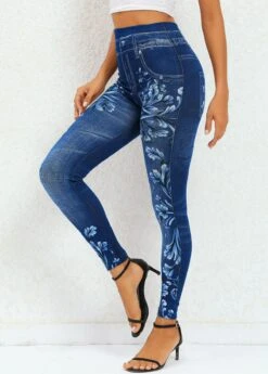 Navy Floral Print High Waisted Ankle Length Leggings -Modlily Shop 320243 P 16698996379533