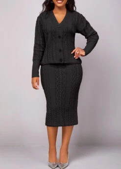 Black Long Sleeve Button Top And Skirt -Modlily Shop 320277 P 16690058814734