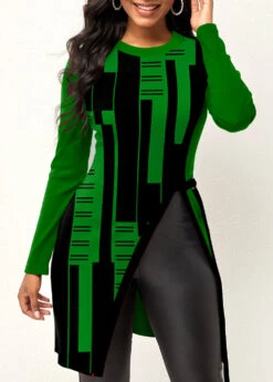 Green Geometric Print Long Sleeve T Shirt -Modlily Shop 320292 P 1669014138758