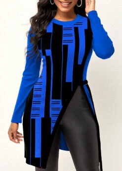 Royal Blue Geometric Print Long Sleeve T Shirt -Modlily Shop 320293 P 1669014149776