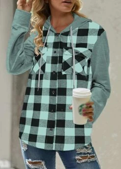 Mint Green Pocket Plaid Long Sleeve Hoodie -Modlily Shop 320404 P 1669104417177