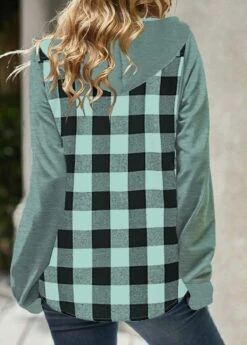 Mint Green Pocket Plaid Long Sleeve Hoodie -Modlily Shop 320404 P 1669104417634