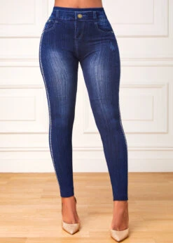 Blue High Waisted Ankle Length Elastic Waist Leggings -Modlily Shop 320475 P 16693702365071