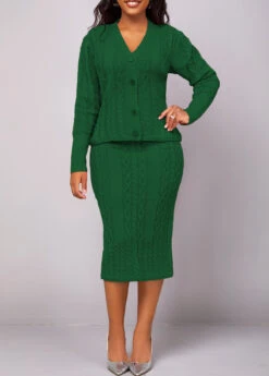 Blackish Green Long Sleeve Button Top And Skirt -Modlily Shop 320541 P 16692532342414