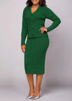 Blackish Green Long Sleeve Button Top And Skirt -Modlily Shop 320541 P 16692532348513