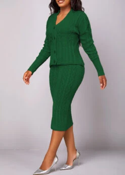 Blackish Green Long Sleeve Button Top And Skirt -Modlily Shop 320541 P 16692532348812