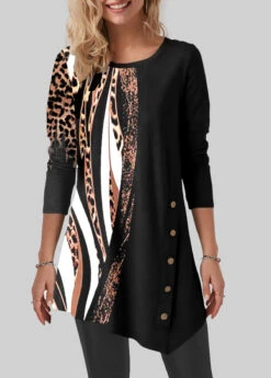 Black Leopard Long Sleeve Round Neck T Shirt -Modlily Shop 320612 P 1670207626925