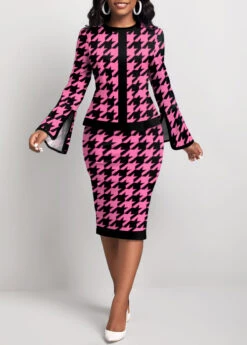Hot Pink Two Piece Houndstooth Print Top And Skirt