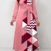 Pink Patchwork Geometric Print Belted Maxi Dress -Modlily Shop 320694 P 1670806760644