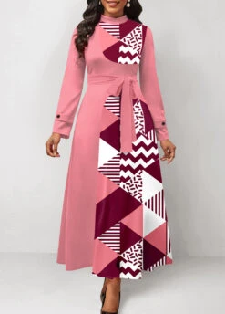 Pink Patchwork Geometric Print Belted Maxi Dress