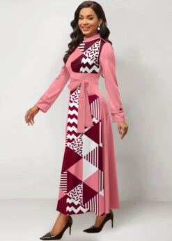 Pink Patchwork Geometric Print Belted Maxi Dress -Modlily Shop 320694 P 1670806762306