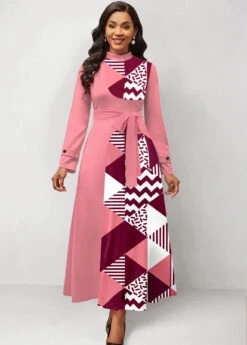 Pink Patchwork Geometric Print Belted Maxi Dress -Modlily Shop 320694 P 1670806763033