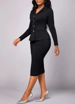 Black Long Sleeve Lapel Two Piece Suit -Modlily Shop 320699 P 16696017940232