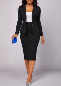 Black Long Sleeve Lapel Two Piece Suit -Modlily Shop 320699 P 16696017941133
