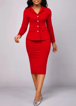 Red Long Sleeve Lapel Two Piece Suit -Modlily Shop 320701 P 16696018456403