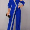 Royal Blue V Neck Sequin Jumpsuit