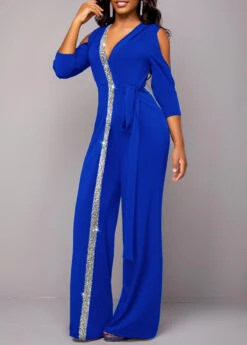 Royal Blue V Neck Sequin Jumpsuit -Modlily Shop 320703 P 16696022436452