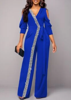Royal Blue V Neck Sequin Jumpsuit -Modlily Shop 320703 P 16696022436513
