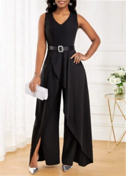 Black Split Long Sleeveless V Neck Jumpsuit