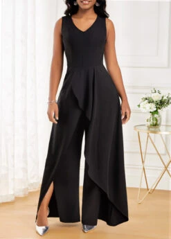 Black Split Long Sleeveless V Neck Jumpsuit 10 Black Split Long Sleeveless V Neck Jumpsuit -Modlily Shop 320731 P 16733506314143