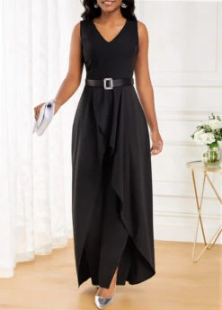 Black Split Long Sleeveless V Neck Jumpsuit 11 Black Split Long Sleeveless V Neck Jumpsuit -Modlily Shop 320731 P 16733506315054