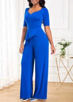Blue Ruffle Long Half Sleeve Heart Collar Jumpsuit -Modlily Shop 320733 P 16721284934902