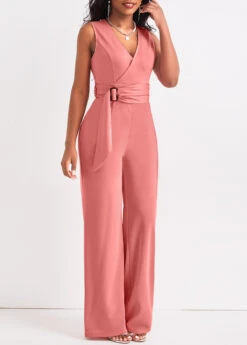 Dusty Pink Tie Long Belted Sleeveless Jumpsuit -Modlily Shop 320739 P 16752510631634
