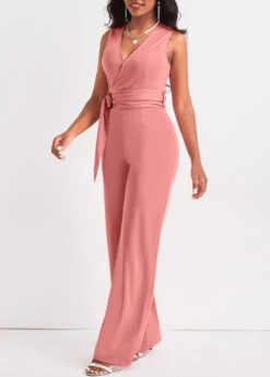 Dusty Pink Tie Long Belted Sleeveless Jumpsuit -Modlily Shop 320739 P 16752510635082