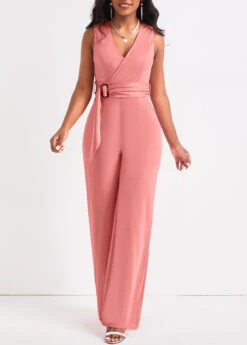 Dusty Pink Tie Long Belted Sleeveless Jumpsuit -Modlily Shop 320739 P 16752510635703