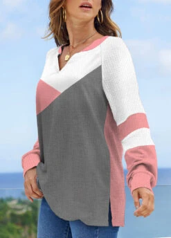 Pink Patchwork Long Sleeve V Neck Sweatshirt -Modlily Shop 320769 P 1671079725184