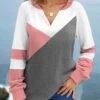 Pink Patchwork Long Sleeve V Neck Sweatshirt -Modlily Shop 320769 P 1671079725680