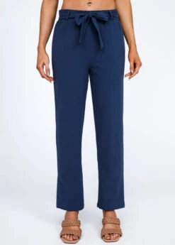 Navy Bowknot Belted High Waisted Pants
