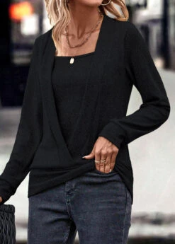 Black Fake 2in1 Long Sleeve Square Neck Sweatshirt -Modlily Shop 320805 P 16716025254823