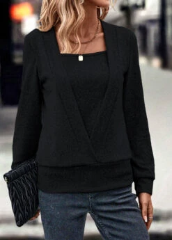 Black Fake 2in1 Long Sleeve Square Neck Sweatshirt -Modlily Shop 320805 P 16716025256782