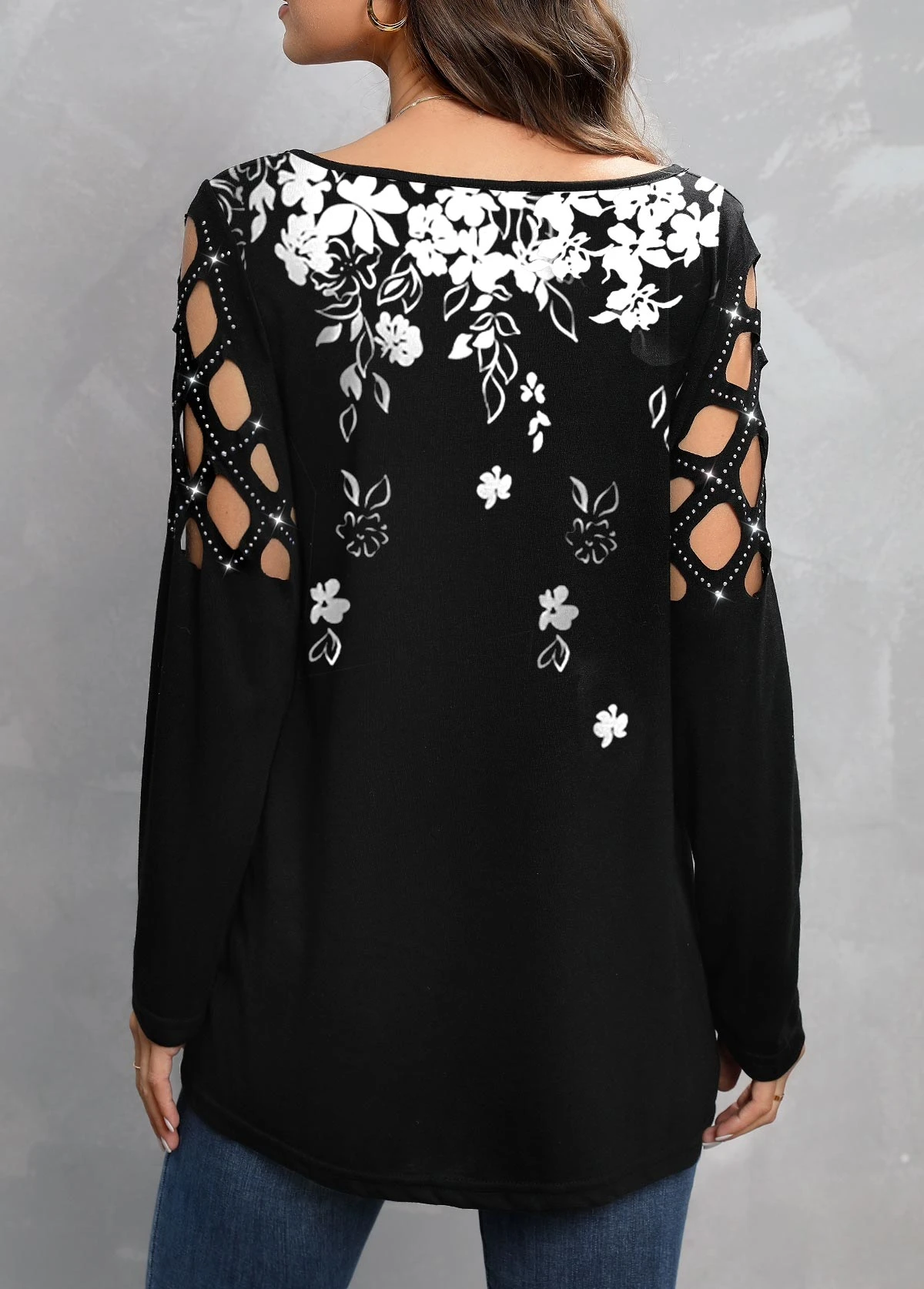 Black Zipper Floral Print Long Sleeve T Shirt 4 Black Zipper Floral Print Long Sleeve T Shirt - Image 2