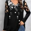 Black Zipper Floral Print Long Sleeve T Shirt -Modlily Shop 320850 P 1669712598895