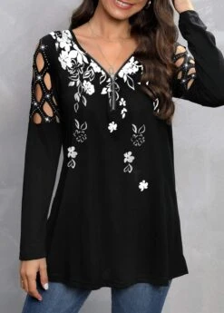 Black Zipper Floral Print Long Sleeve T Shirt 7 Black Zipper Floral Print Long Sleeve T Shirt -Modlily Shop 320850 P 1669712598910