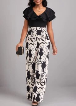 Black Ruffle Leaf Print Sleeveless Jumpsuit -Modlily Shop 320879 P 16733502951363