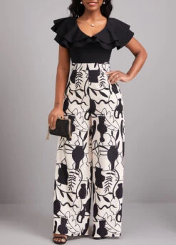 Black Ruffle Leaf Print Sleeveless Jumpsuit