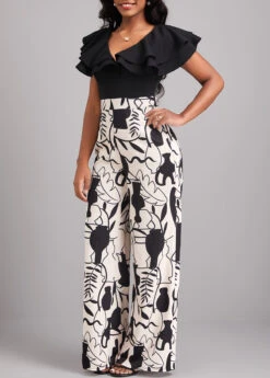 Black Ruffle Leaf Print Sleeveless Jumpsuit -Modlily Shop 320879 P 16733502959004