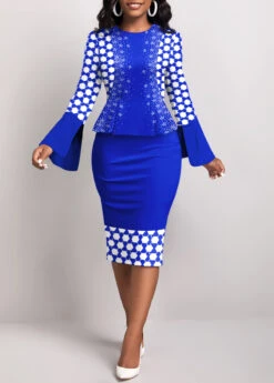 Royal Blue Fake 2in1 Geometric Print Bodycon Dress