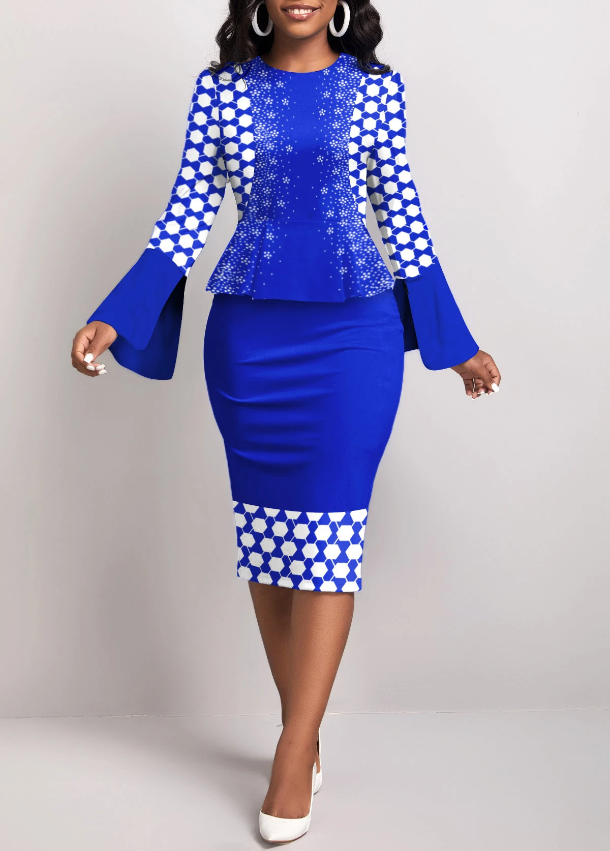 Royal Blue Fake 2in1 Geometric Print Bodycon Dress 3 Royal Blue Fake 2in1 Geometric Print Bodycon Dress