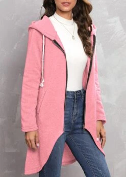 Pink Zipper Long Sleeve Hooded Coat -Modlily Shop 321136 P 16702384090562