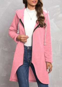 Pink Zipper Long Sleeve Hooded Coat -Modlily Shop 321136 P 16702384091323
