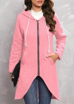 Pink Zipper Long Sleeve Hooded Coat -Modlily Shop 321136 P 16702384092564