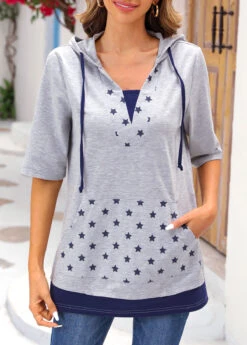 Light Grey Marl Pocket Star Print Hoodie