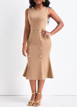 Light Camel Double Breasted Sleeveless Bodycon Dress -Modlily Shop 321875 P 16762824023844