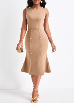 Light Camel Double Breasted Sleeveless Bodycon Dress