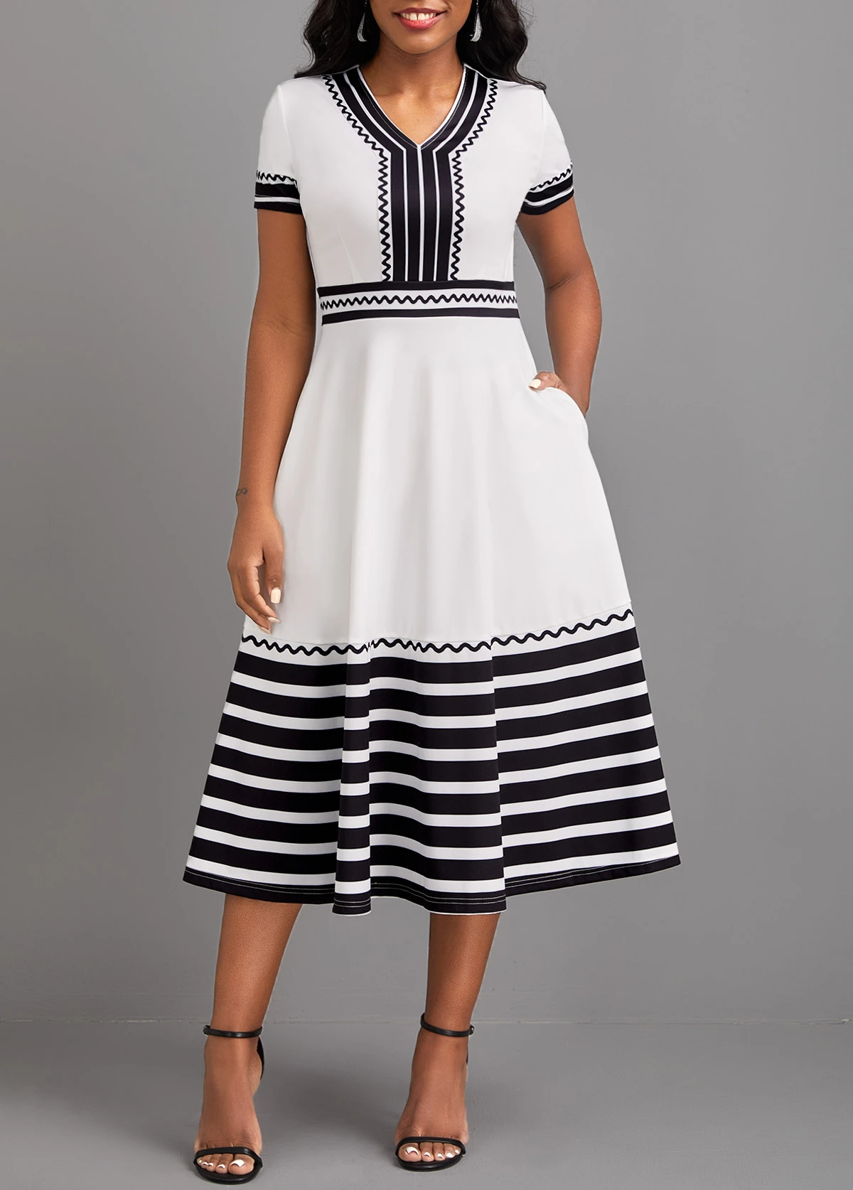 White Patchwork Striped Short Sleeve V Neck Dress 3 White Patchwork Striped Short Sleeve V Neck Dress