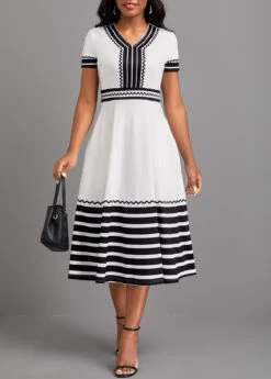 White Patchwork Striped Short Sleeve V Neck Dress 11 White Patchwork Striped Short Sleeve V Neck Dress -Modlily Shop 321876 P 16755094491554